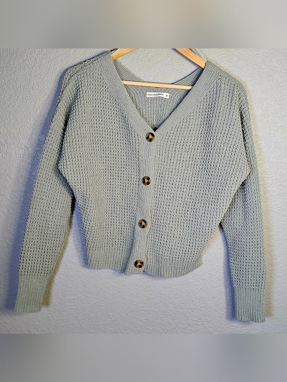 Moon & Madison Medium Sage Green Textured Knit Button Cardigan Sweater